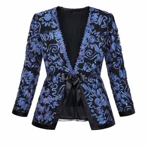 Vintage Lian Carlo Embroidered Blazer Womens Size 8 Bow Tie Snap Front USA